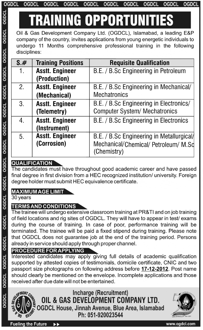 OGDCL Training Jobs 2012 for Assistant Engineers in Production, Mechanical, Telemetry, Instrument & Corrosion