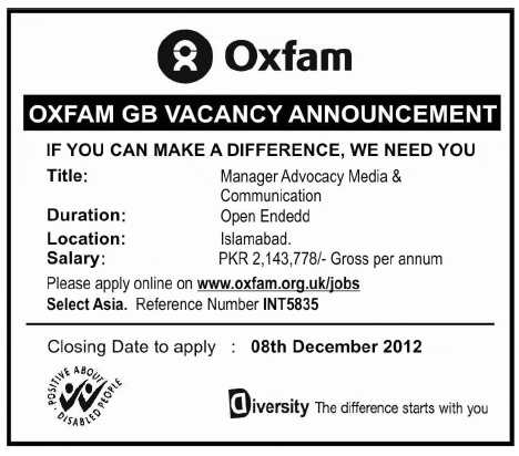 OXFAM GB INGO Job 2012 for Manager Advocacy Media & Communication