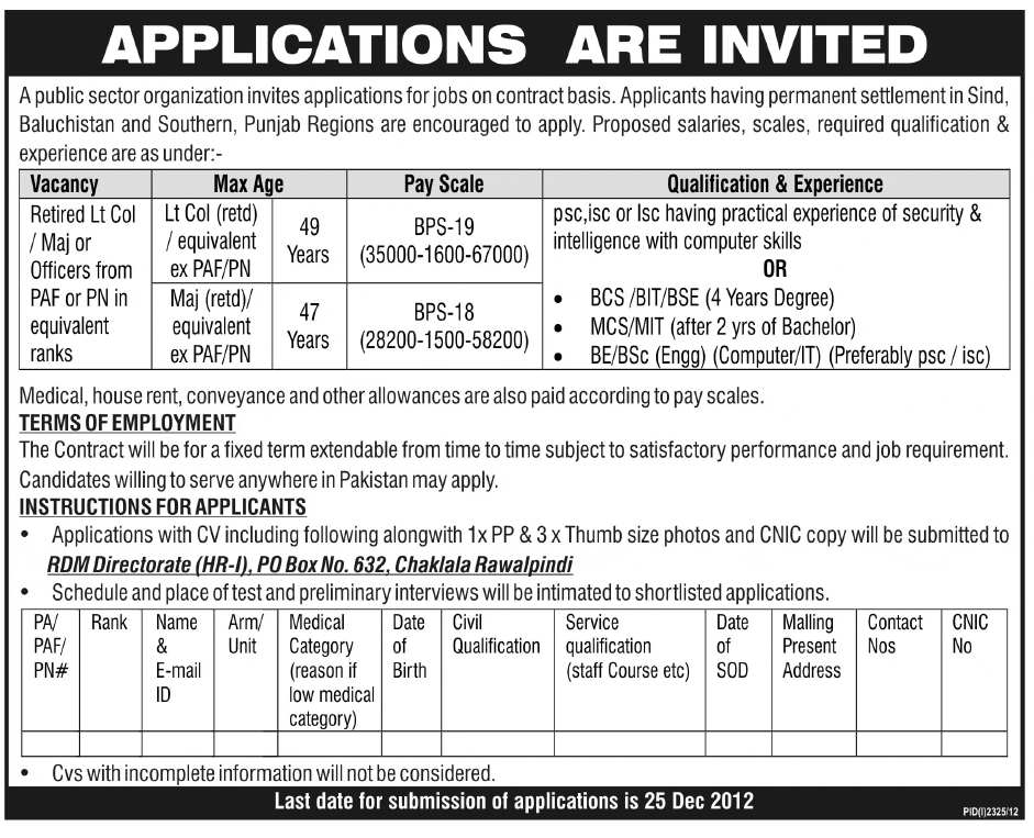 PO Box 632 Chaklala Rawalpindi Jobs for Retired Armed Forces Officers