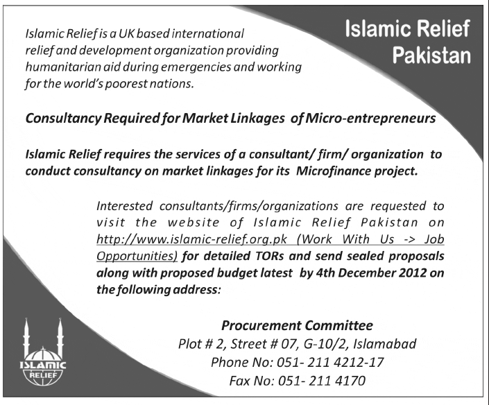 Islamic Relief INGO Needs Consultants for its Microfinance Project