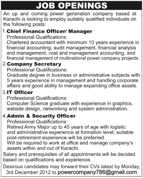 Manager & Officers Jobs in an Upcoming Power Generation Company at Karachi