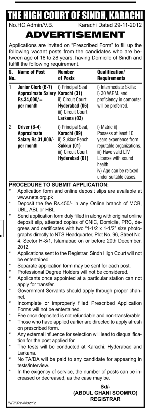 Sindh High Court Jobs 2012 Karachi