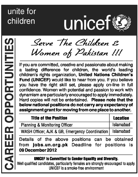 UNICEF Pakistan Jobs 2012 for Planning & Monitoring Officer and WASH Officer