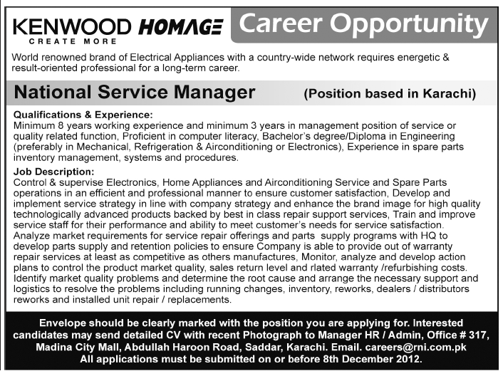 Kenwood & Homage Distributor (R&I Electrical Appliances) Requires National Service Manager