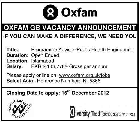 Oxfam GB Job 2012 for Programme Advisor - Public Health Engineering