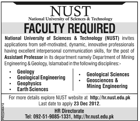 NUST Jobs 2012 for Faculty of Department of Mining Engineering & Geology