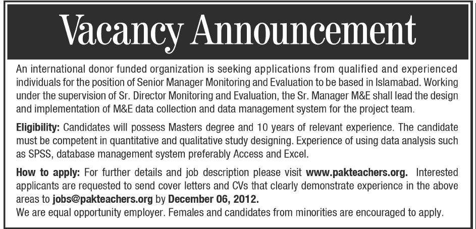 USAID Teacher Education Project Job 2012 December for Senior Manager Monitoring & Evaluation