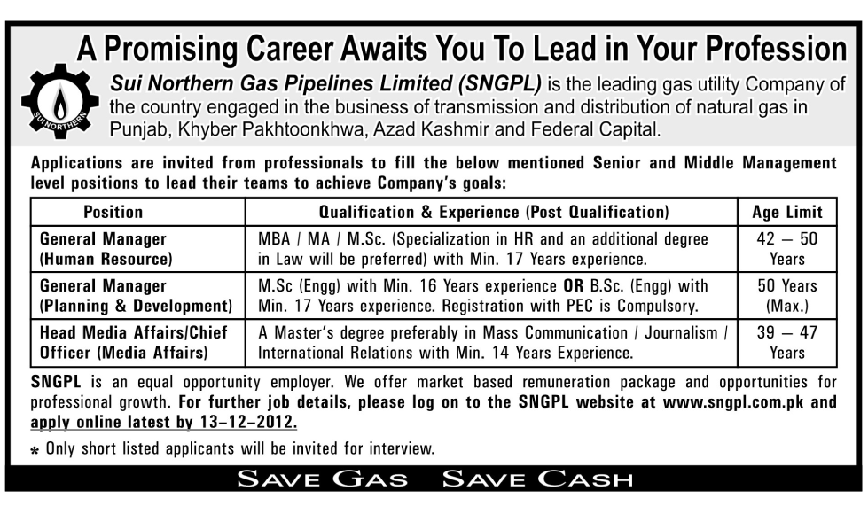Sui Northern Gas Pipelines Limited Jobs 2012 for General Managers & Head Media Affairs