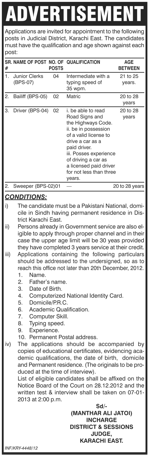 Jobs in Judicial District Karachi East 2012 December