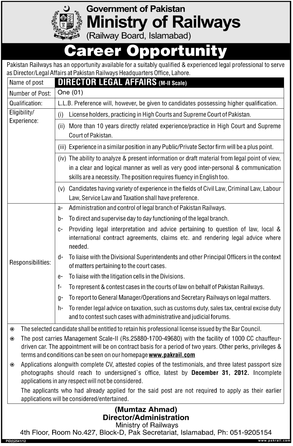 Director Legal Affairs Job in Pakistan Railways