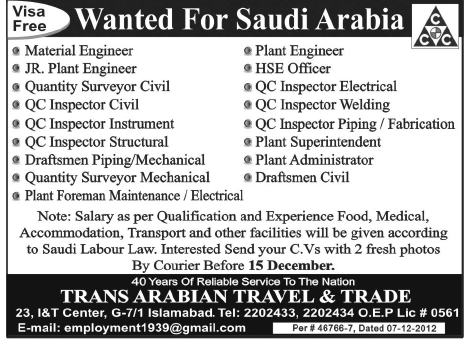 Jobs in Saudi Arabia 2012 for Engineers, QC Inspectors & Other Staff  through Trans Arabian Travel & Trade