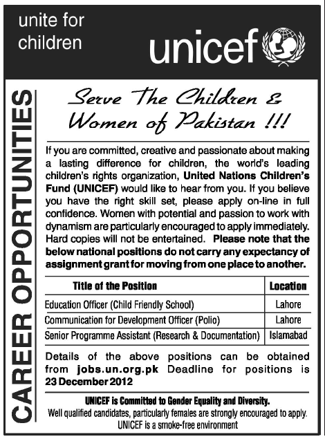 UNICEF Pakistan Jobs 2012 for Officers & Assistant
