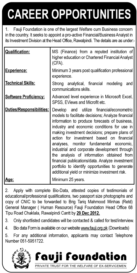 Fauji Foundation Job 2012 for Financial / Business Analyst in Investment Division
