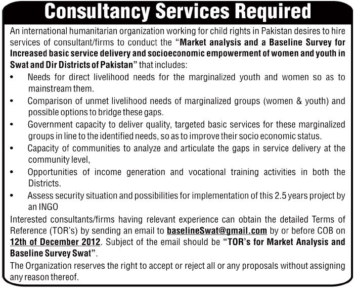 International NGO Jobs for Consultants to Conduct Market Analysis & Baseline Survey in Swat & Dir Districts