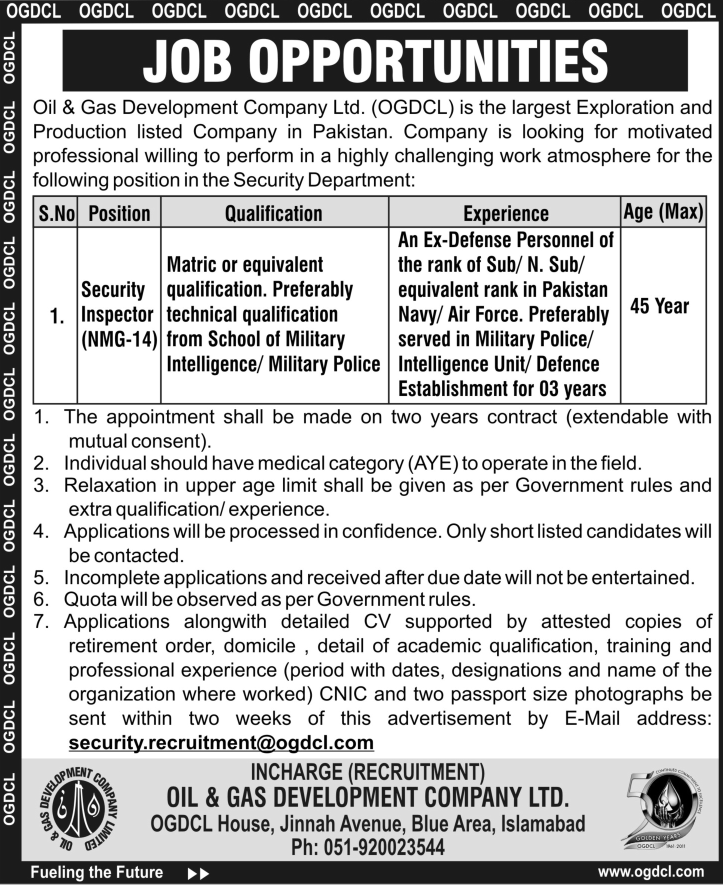 OGDCL Jobs 2012 December for Security Inspector