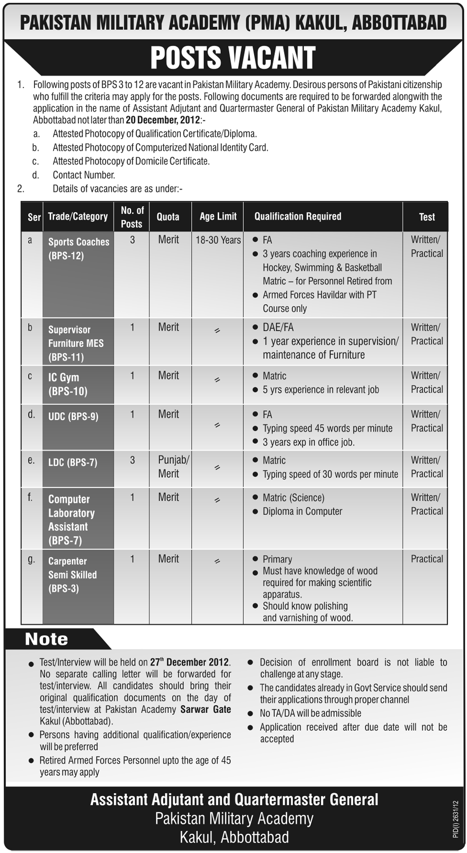 PMA Kakul Jobs 2012 December for Sports Coaches, Clerks & Other Staff