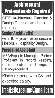 CITE Architecture Planning & Design Group Islamabad Jobs for Senior Architects & PA