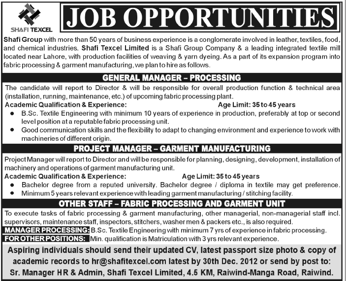 Shafi Texcel Limited Lahore Jobs for GM, PM, Fabric Processing & Garment Manufacturing Staff