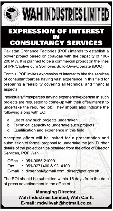POF / Wah Industries Limited Requires Consultants for Power Project
