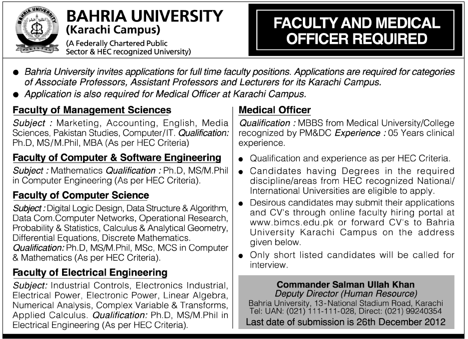 Bahria University Karachi Campus Jobs 2012 for Faculty & Medical Officer