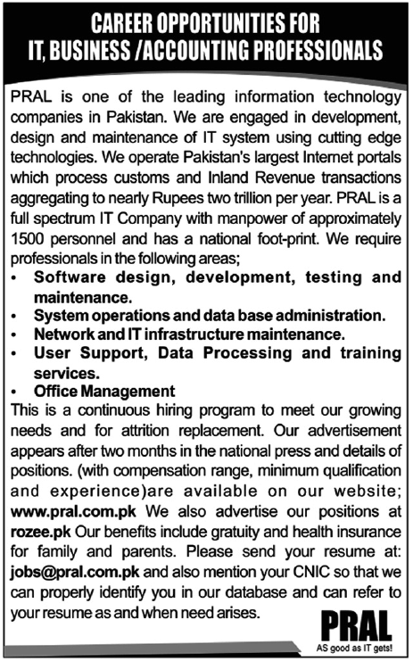 PRAL Jobs 2012 Pakistan for IT Professionals & Office Management