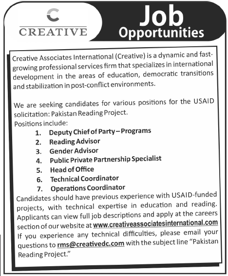 Creative Associates International Jobs for USAID Pakistan Reading Project