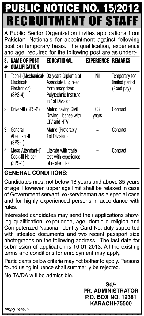 PO Box 12381 Karachi Jobs 2012 in a Public Sector Organization