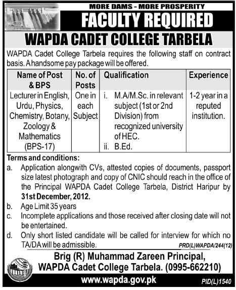 Faculty Jobs in WAPDA Cadet College Tarbela December 2012