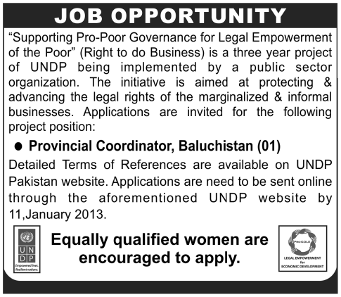 UNDP Job 2012-2013 for Provincial Coordinator Balochistan on a Project