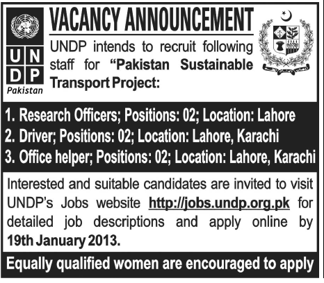 Jobs in UNDP Pakistan 2013 for Research Officers, Drivers & Office Helpers