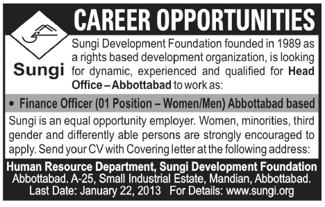 Sungi Development Foundation Abbottabad Job 2013 for Finance Officer