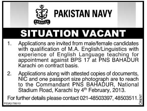 Pakistan Navy Jobs 2013 for English Teacher at PNS Bahadur Karachi