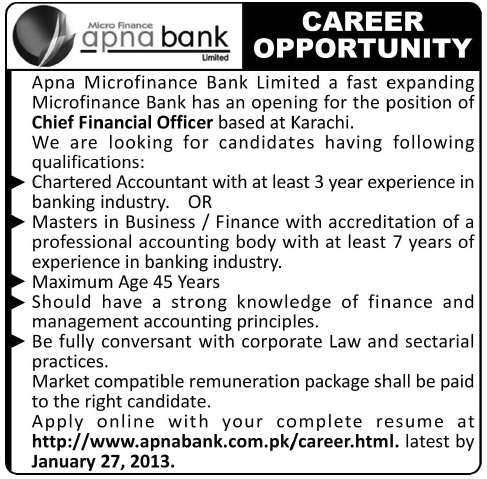 Apna Bank Limited Needs Chief Financial Officer