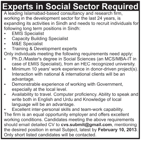 Social Sector Experts Jobs in a Consultancy & Research Firm