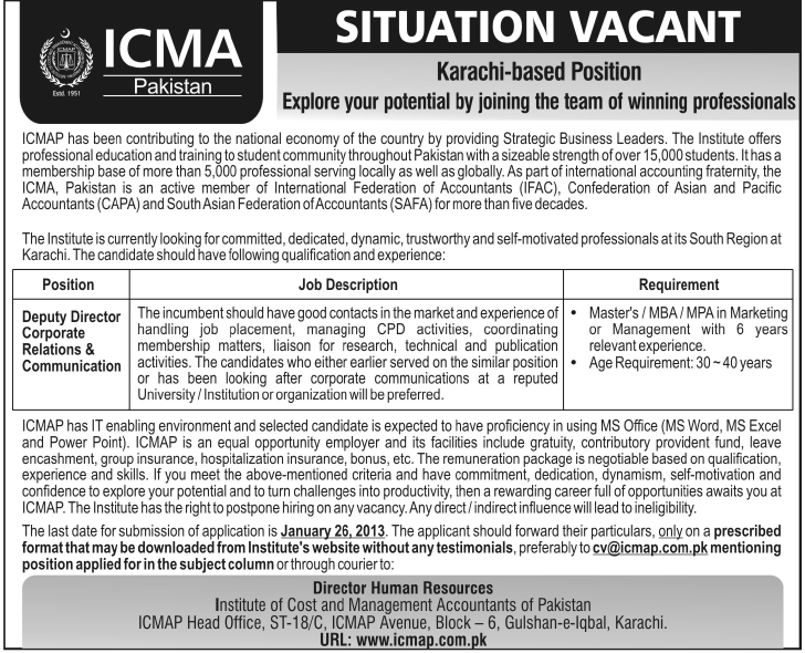 ICMA Pakistan Needs Deputy Director Corporate Relations & Communication