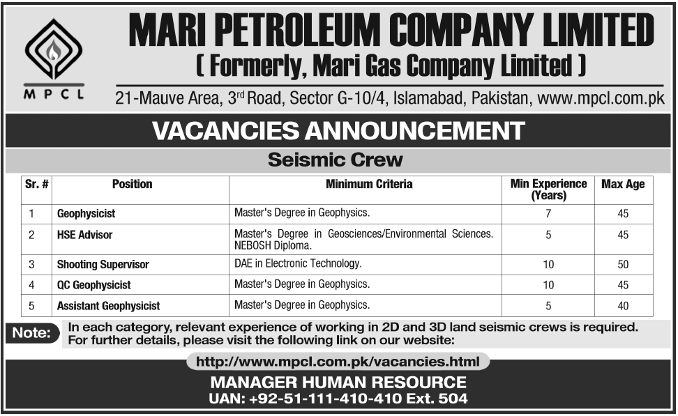 Mari Petroleum Company Limited Jobs 2013 Geophysicists, HSE Advisor & Shooting Supervisor (Mari Gas)