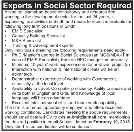 A Consultancy & Research Firm Needs Social Sector Experts for Sindh