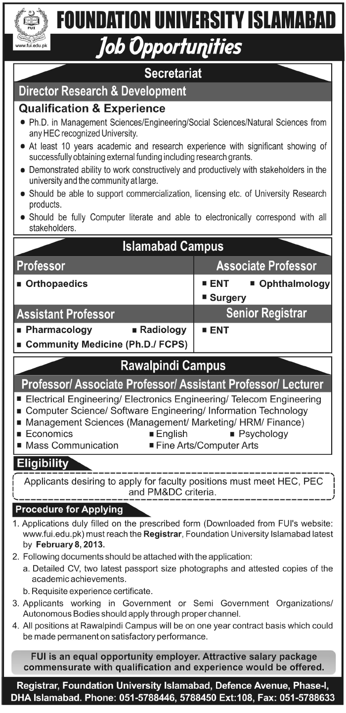 Foundation University Islamabad Jobs 2013 for Director R&D and Teaching Staff