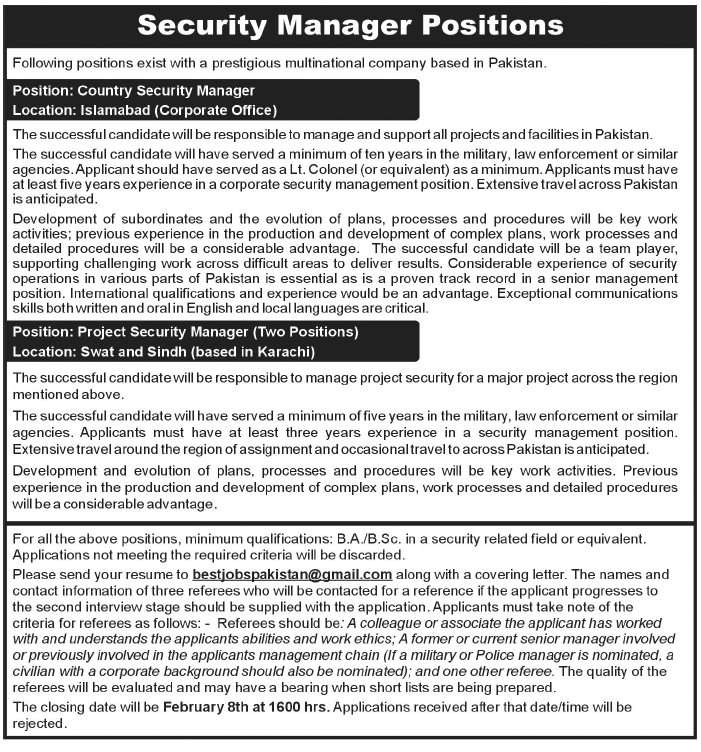 Country & Project Security Manager Jobs in a Multinational Company