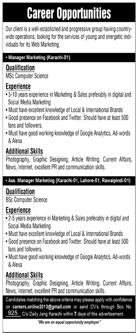 Web Marketing Jobs 2013 - Manager & Assistant Managers in Karachi, Lahore & Rawalpindi