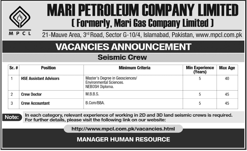Mari Gas Jobs 2013 Latest for HSE Advisors, Crew Doctor & Accountant (Mari Petroleum Company Limited)