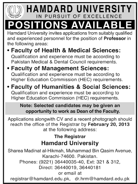 Hamdard University Jobs for Professors