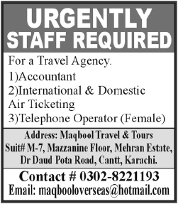 Accountant, Air Ticketing & Telephone Operator Jobs at Maqbool Travel & Tours Karachi