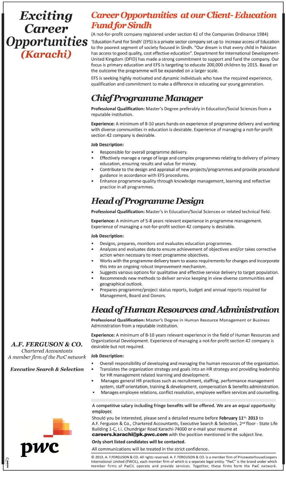 Education Fund for Sindh (EFS) Jobs 2013 for Executives through PwC (A. F. Ferguson & Co.)