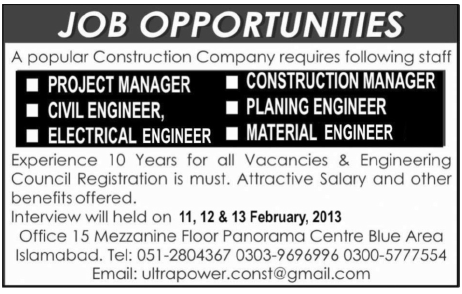 Project / Construction Managers & Civil / Planning / Electrical / Material Engineers Jobs at a Construction Company