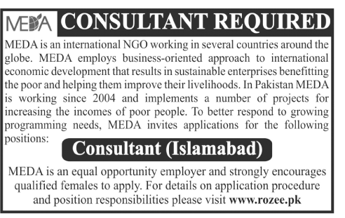 MEDA Pakistan Job for Consultant