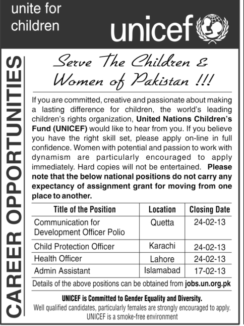UNICEF Pakistan Jobs 2013 February Latest