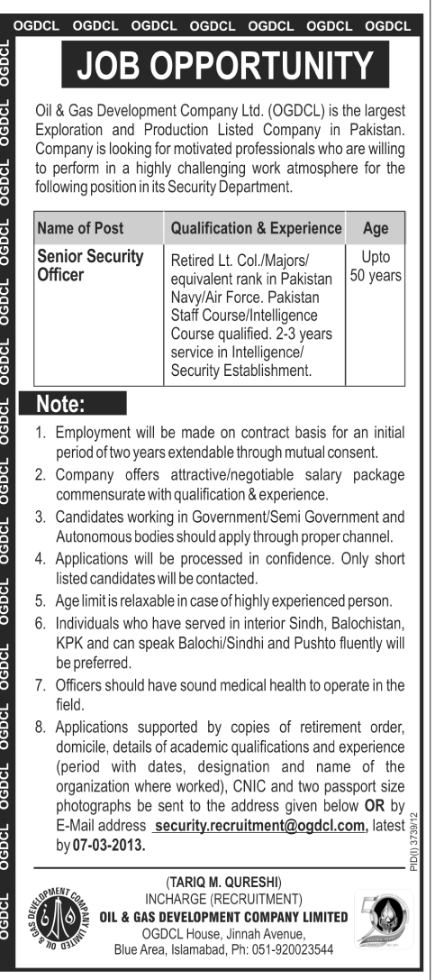 OGDCL Job 2013 for Senior Security Officer Latest Advertisement