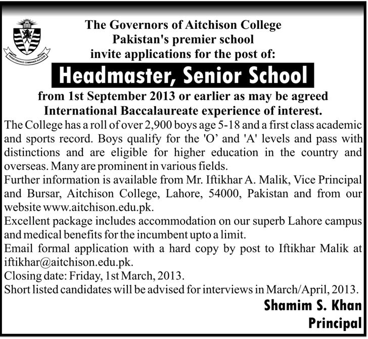 Headmaster (Senior School) Vacancy at Aitchison College Lahore