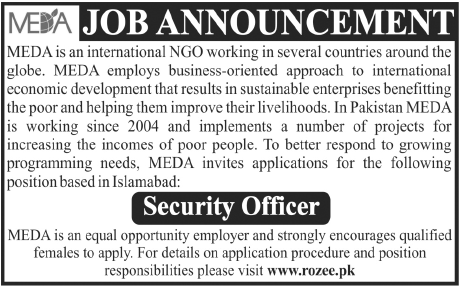 MEDA Pakistan INGO Job 2013 for Security Officer
